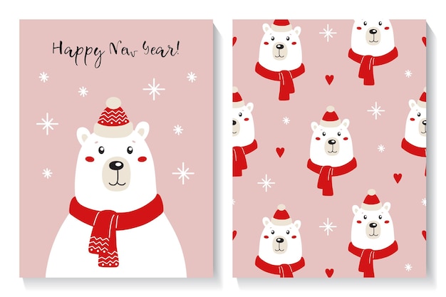 Set of winter card and seamless pattern with cute bear with hat and scarf Happy New Year card