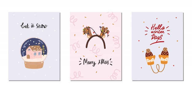 set of winter cards with traditional winter elements in hygge style. cozy winter season. scandinavian