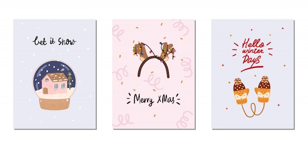 Vector set of winter cards with traditional winter elements in hygge style. cozy winter season. scandinavian