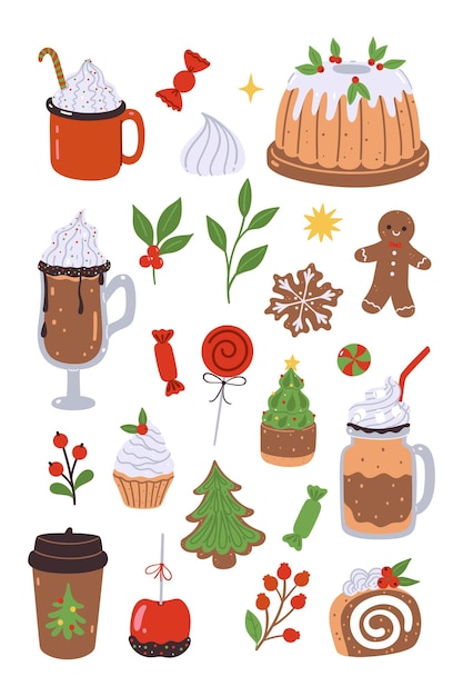 set of winter christmas drinks and sweets isolated on white background vector image
