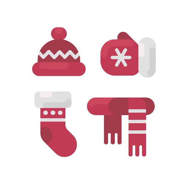 Набор зимней одежды плоской иллюстрации. Шляпа, рукавица, чулок и шарф. Рождественские плоские иконки