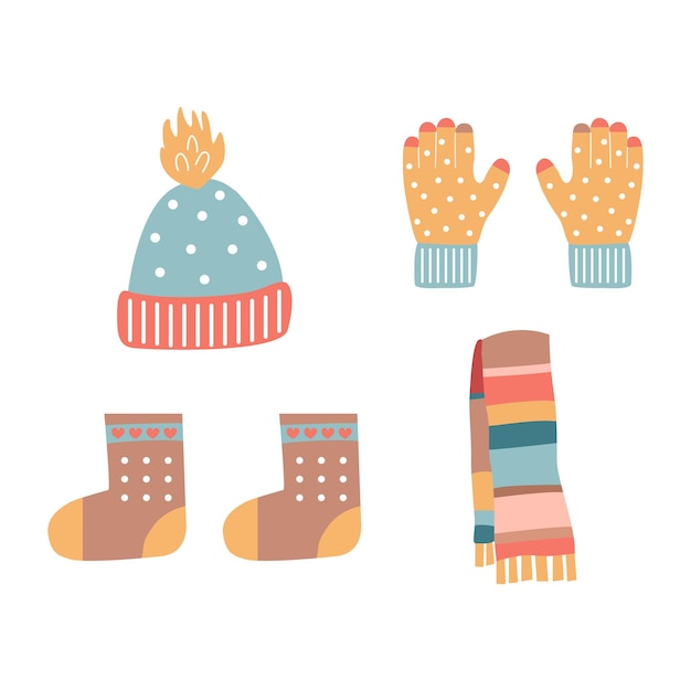 Set of winter clothes hat gloves boots scarf