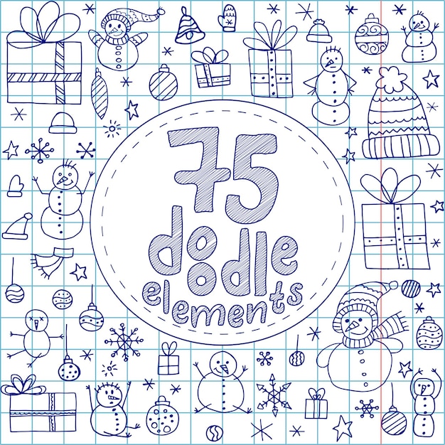 Set winter doodle elementen. Handgetekende objecten met een plaats voor de tekst in de vorm van een cirkel. Prettige kerstdagen en gelukkig nieuwjaar 2022. Schets met een blauwe balpen in een geruit notitieboekje.