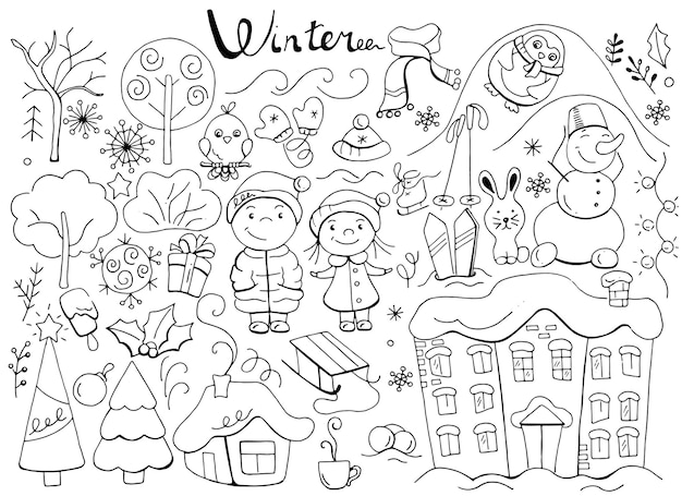 孤立した要素オブジェクトとアイコンの手描きのベクトル コレクションをレタリングと冬のいたずら書きのセット