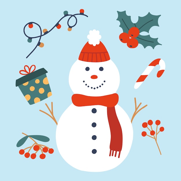Set winter elementen Kerst elementen collectie sneeuwpop slinger cadeau Vlakke stijl Vector illustratie Gezellige tijd