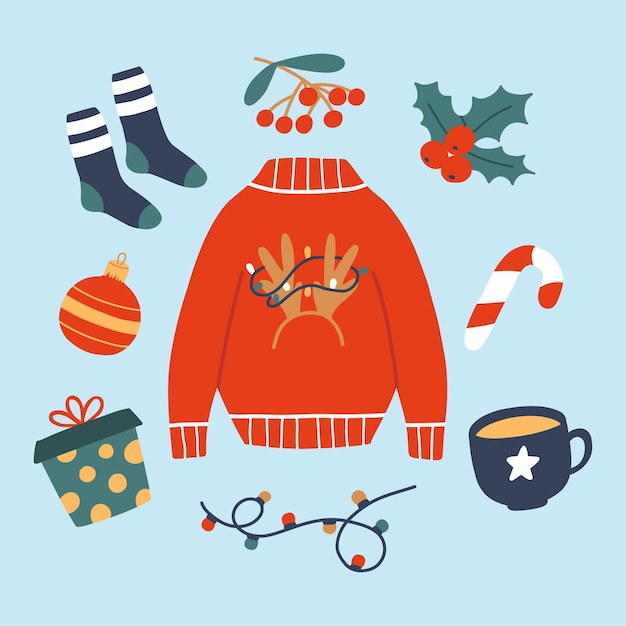 Set of winter elements Collection of Christmas objects Vector illustration Flat styleSweatersockshollygiftChristmas toy