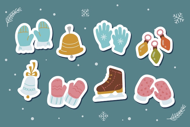 Set of winter holiday stickers with hand-drawn illustration