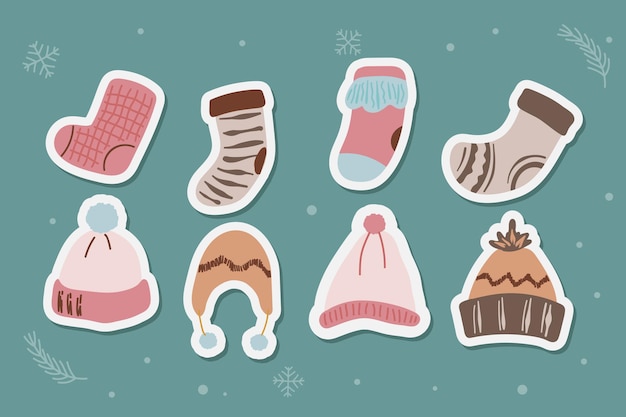 Vector set of winter holiday stickers with hand-drawn illustration