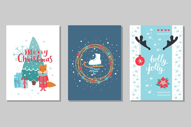 Set of winter holidays greeting cards. christmas vector illustration