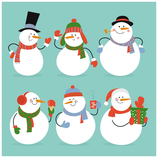 Set of winter holidays snowman in different costumes