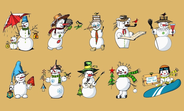 Set of winter holidays snowman vintage style Christmas or New Year