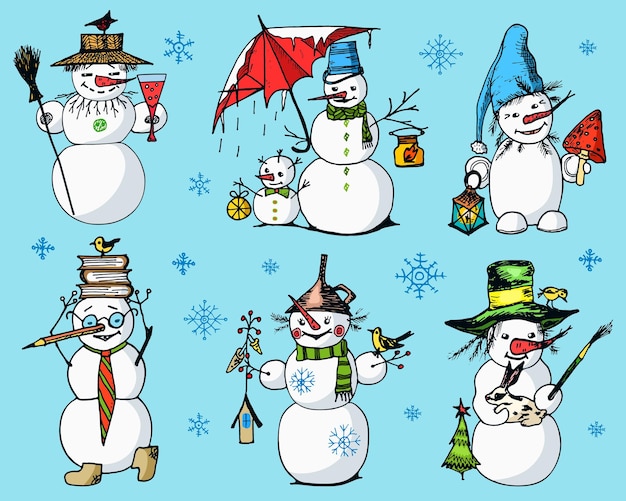 Set of winter holidays snowman vintage style Christmas or New Year