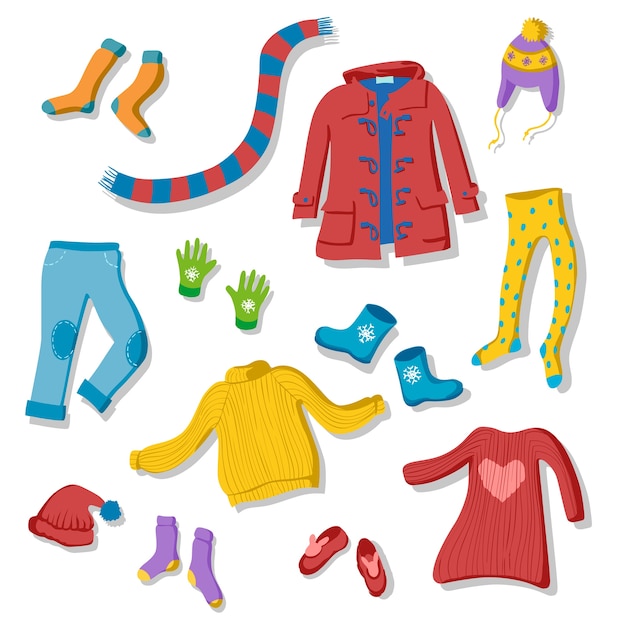 Vector set winter kleding illustraties in vlakke stijl