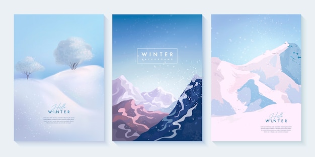 Vector set of winter landscape with snowdrifts, mountains and trees