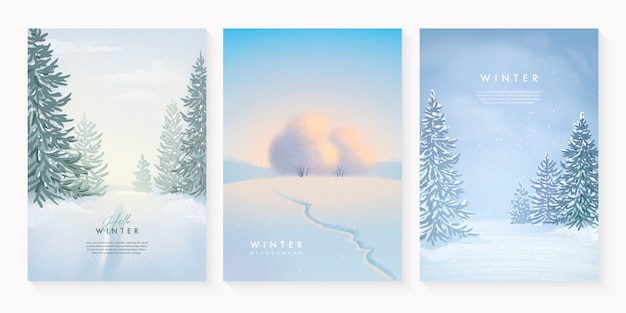 Vector set of winter landscape with snowdrifts and trees