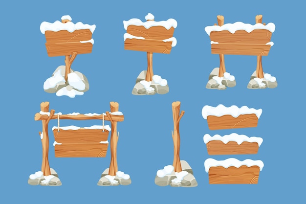 Set winter oude houten blanco, bord met sneeuw in cartoon-stijl. Lege frames, richting plank
