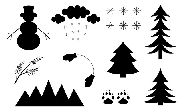 Set winter silhouetten. Zwarte vector iconen van kerstbomen, sneeuwvlokken, sneeuwpop, wanten