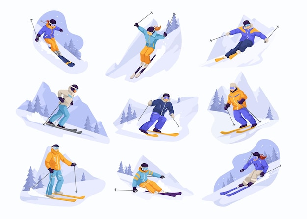 Set di sciatori invernali in varie posizioni raccolta di sportivi che fanno sport attività all'aperto estreme concorrenza giovanile cartoon design isolato su sfondo bianco illustrazione vettoriale