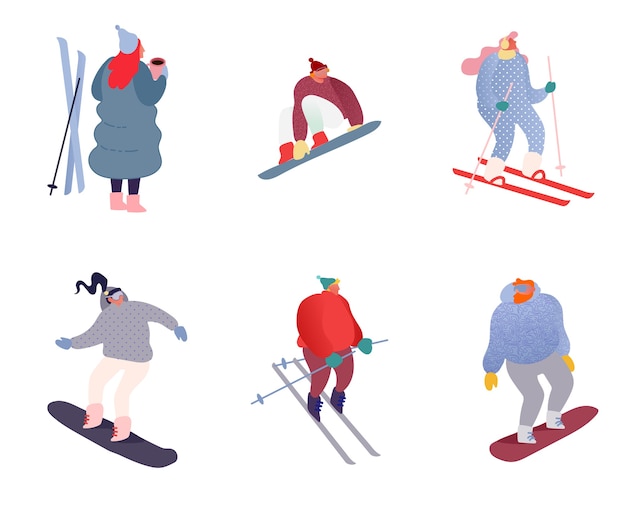 Set of winter sport people characters. sportsman on snowboard, skis. snowboarding, skiing and skating sports. snowboarder jump, healthy family holiday vacation isolated flat.