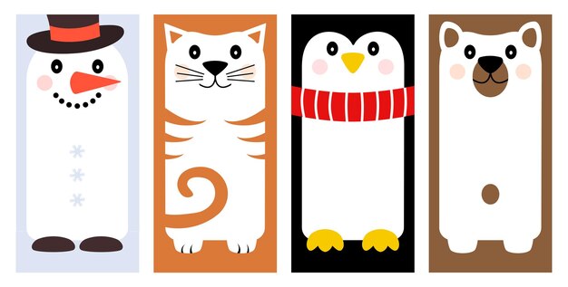 Set winter vakantie wenskaarten met verschillende stripfiguren - sneeuwpop, kat, pinguïn, beer. decoratieve banner met ruimte voor uw tekst. vector illustratie