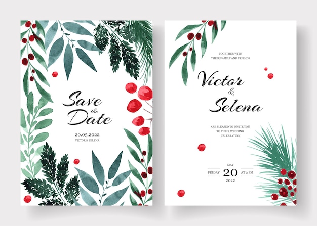 Set of winter wedding cards with green foliage and red berries in loose watercolor style Save the date invitation cards