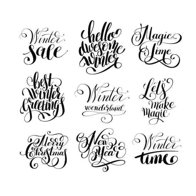 Vector set winter zwart-wit handgeschreven belettering inscriptie vakantie kerst zin