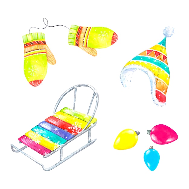 Set winteraccessoires, warme kleding, slee, garland, aquarel