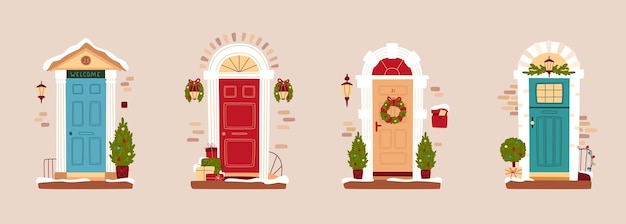 Set winterdeuren versierd voor Kerstmis.