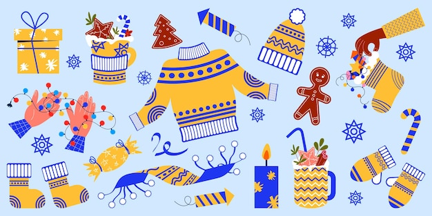 Set winterkleren Nieuwjaarskleding, drankjes, vakantieversieringen en andere elementen