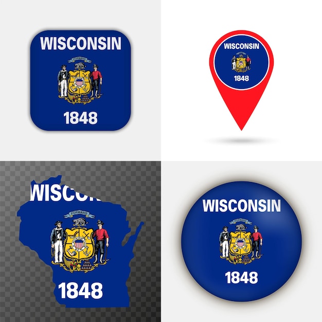 Set of Wisconsin state flag Vector illustration