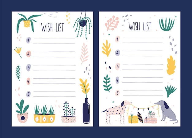 Set of wish list templates decorated by houseplants growing in pots, pair of cute dogs holding flag garland and gift boxes. Bundle of cards with desired gifts. Vector illustration in flat style.
