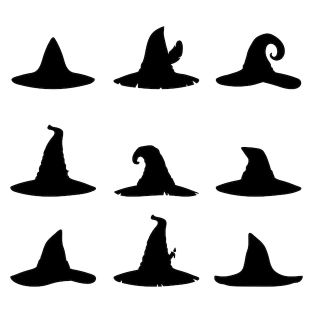 Set of witch hats silhouettes isolated on white backgroundhalloween vector illustration in flat