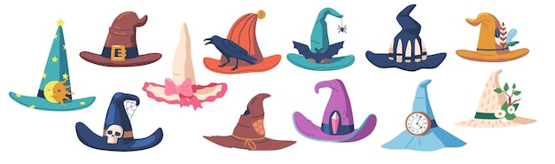 Set of witch hats wizard headwear icons traditional magician caps decorated with spider web stripes stars clock