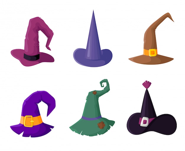 Set of witches hats for halloween party, wizard headgears clipart, isolated , icons 