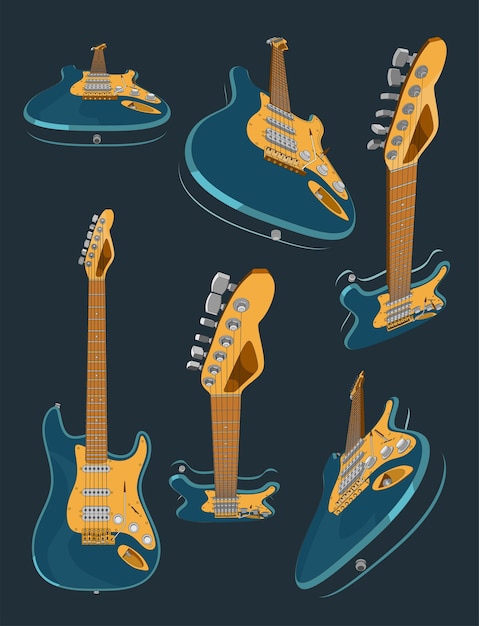 Set with 3d realistic colored electric guitar. different angles and 3d projections of guitar.