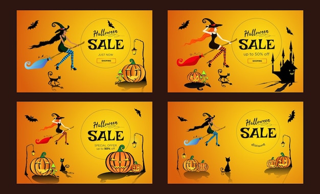 Набор из 4 рекламных плакатов на Хэллоуин, баннер со скидкой 30 и 50 процентов. Красивый