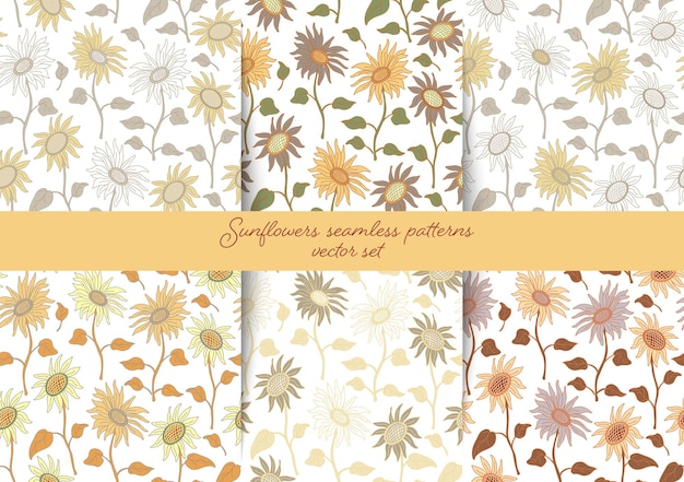 Set with 6 color variations of vector seamless pattern with sunflowers