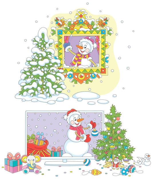 おしゃれな窓から手を振って挨拶し、クリスマス ツリーを飾る面白い雪だるまのセット