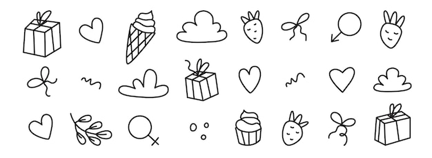 Set with all lovers day decoration element happy valentines day heart clouds present branch ice cream strawberry female and male symbol gender signs icons in vector illustration isolated