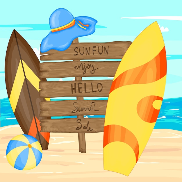 Vettore set con accessori da spiaggia e tavole da surf. stile cartone animato.