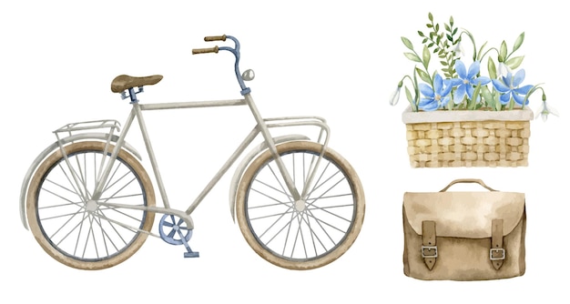 Set with Bicycle Flowers in wicker basket and leather vintage bag Hand drawn watercolor illustration of retro city Bike on white isolated background Drawing of urban vintage transport Cycle sport