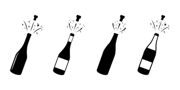 Set with black champagne bottle explosion vector icons. Uncorked cork from champagne.