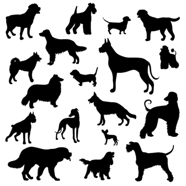Vector set with black silhouettes of different dog breeds