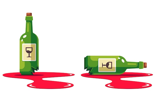 set with a bottle of wine that is smashed. puddle of alcohol. damage to the store. flat isolated on white background.