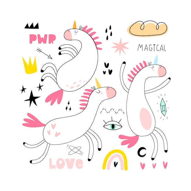 Vector set with cartoon unicorn hand drawing illustration