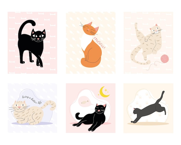 Vector set with cats of different breeds on a different background. vector illustration. animals, wallpaper