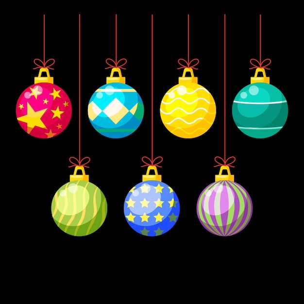 Set with christmas balls decorations on a black background new year collection