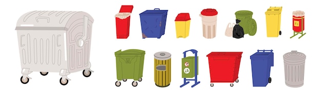 Set with Containers for waste disposal Waste sorting Garbage bins Design for waste collection companies City cleaning Flat style in vector illustration Isolated objects