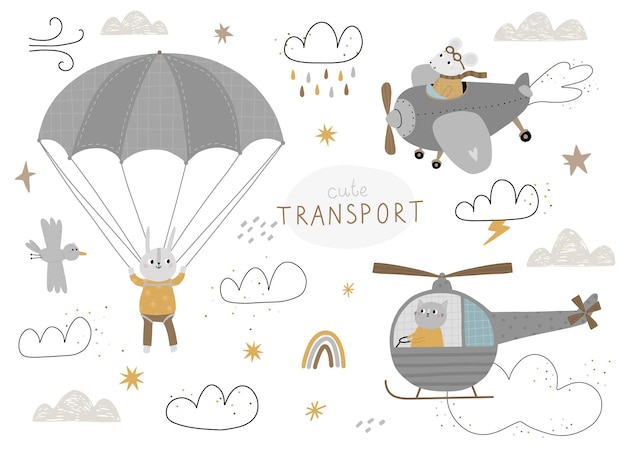 Vector set with cute animals for air transport helicopter plane parachute isolated on white