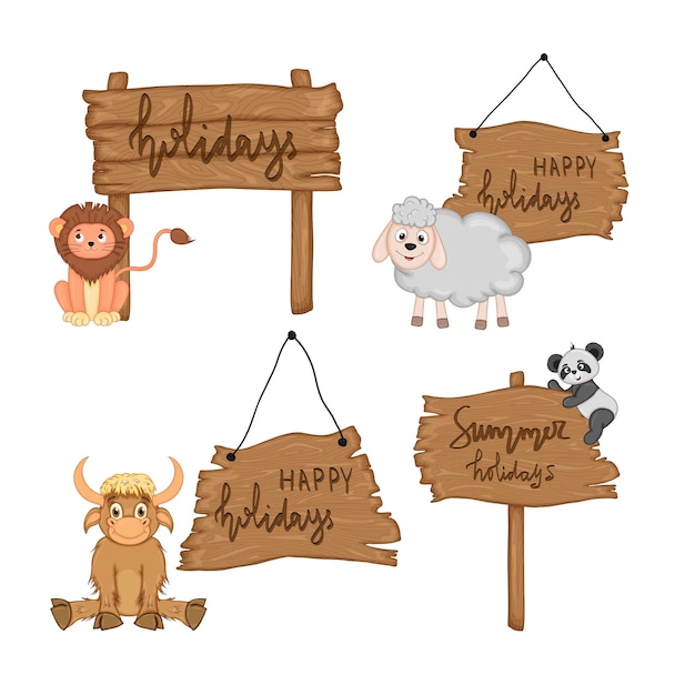 Vector set with cute animals near wooden signboard with the inscriptions on the summer theme in vector. cartoon illustration.